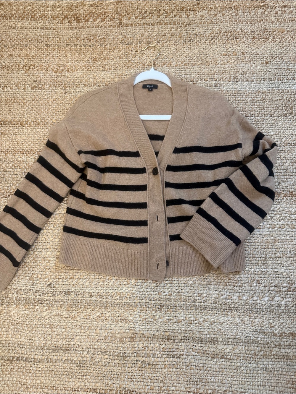 Rails cashmereStriped V-Neck Cardigan Sweater in Taupe and Black -
